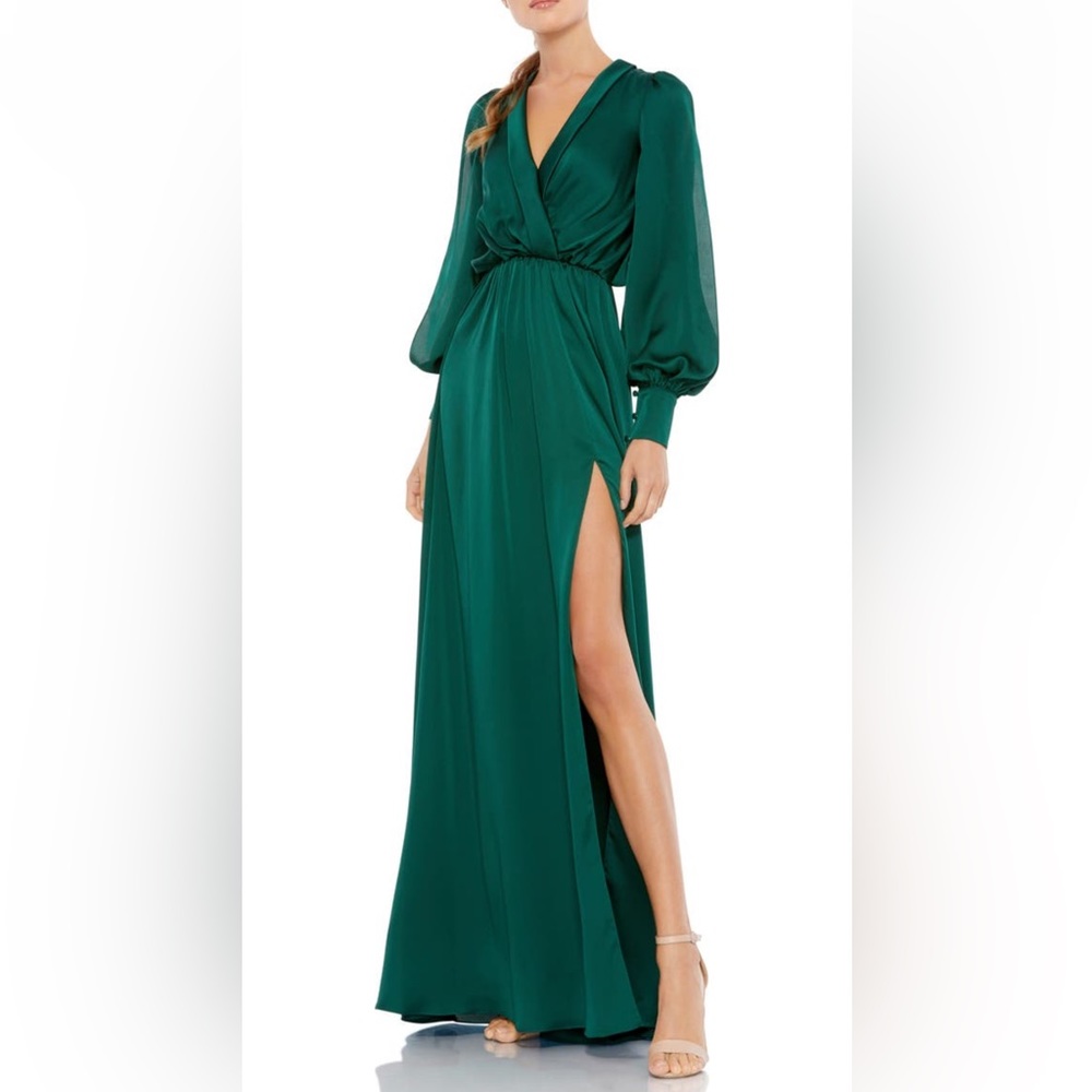 Ieena for Mac Duggal Satin Emerald Split Dress